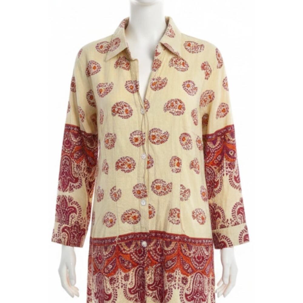 Lotus Shirt Dress Women S Yellow Orange Red Boho Long Sleeve 100% Cotton STAINS